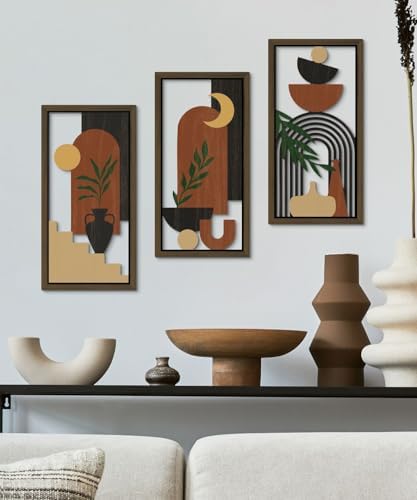 Putuo Decor Boho Wall Art Set of 3 Modern Minimalist Wooden Wall Decor Abstract Terracotta Room Decorations Mid Century Artwork for Living Room Bedroom Office in Terracotta Noir 16.5 x 8.6 Inch - Image 4