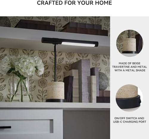 Signature Design by Ashley Vinmour Desk Lamp with USB-C Port, Adjustable Height Metal Task Light, Beige Travertine Stone Base, Contemporary Lighting for Home Office Workspaces, Brown/Beige - Image 4