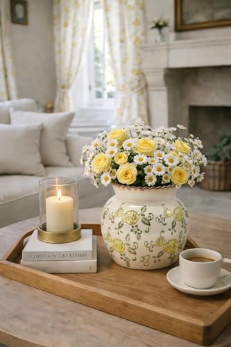 SIDUCAL Ceramic Yellow Rose Floral Vase with Wide Mouth Lace, 4.84 Inch Cracked Chinoiserie Rustic Farmhouse Vases, Pastoral Retro Vase for Home Decor, Table, Living Room, Bathroom, Shelf, Wedding - Image 5