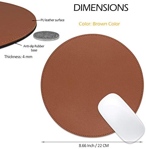 ProElife Premium Cute Round Mouse Pad Mat Waterproof PU Leather 8.66-Inch Mousepad with Anti-Skid Base Stitched Edge for Home Office Gaming Computer Laptop Accessories (Brown) - Image 2