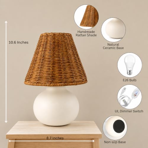 11" Small Table Lamp – Handmade Ceramic Cream Base with Wicker Rattan Shade, Dimmable Plug-in Nightstand Light for Bedroom, Kitchen Counter, or Small Spaces – Boho Japandi Organic Decor - Image 4