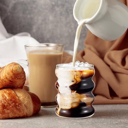 Tessco for you 4 Pcs Creative Glass Cups Vintage Drinking Glasses Ribbed Glassware Aesthetic Cup Entertainment Dinnerware Glassware with Straws Set for Kitchen Coffee Beverage(13.5 Oz, 16 oz,Clear) - Image 5