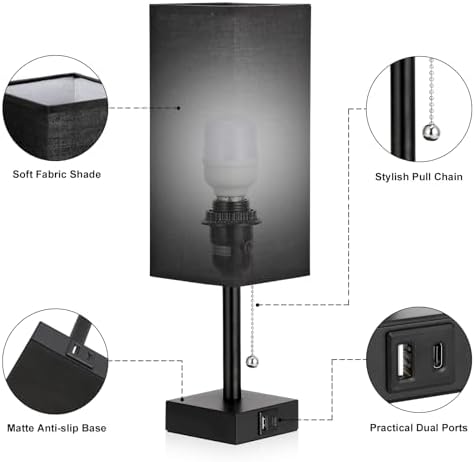 Set of 2 Black Bedside Table Lamps for Bedroom - Nightstand Lamp, USB C+A - Image 4