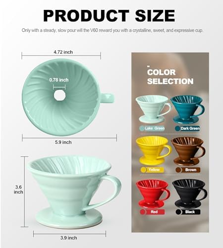Pour Over Coffee Dripper - Ceramic Cup, Pour Over Coffee Maker Cone, Porcelain Cone, Easy Manual Brew Maker - Strong Flavor Brewer for Home, Cafe, Office - 1-4Cup, V60 Size 02 (Lake Green) - Image 5