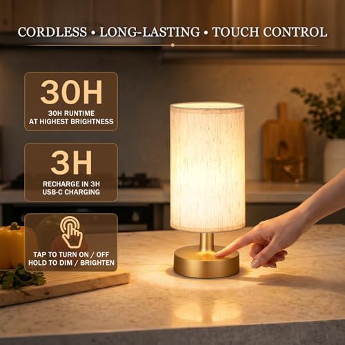 Kakanuo Cordless Table Lamp Rechargeable Small - 1 Pack Beige Gold, 4000mAh Battery Operated Lamp with Touch Control Stepless Dimming, Wireless Lamp for Bedside, Nightstand, Bedroom, Living Room - Image 2