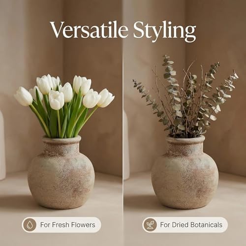 Farmhouse Table Vase, 5.7 Inch Ceramic Pot, Rustic Boho Terracotta Decor for Shelf, Mantel, Bookshelf, Living Room, Handmade Aged Look Centerpiece - Image 3