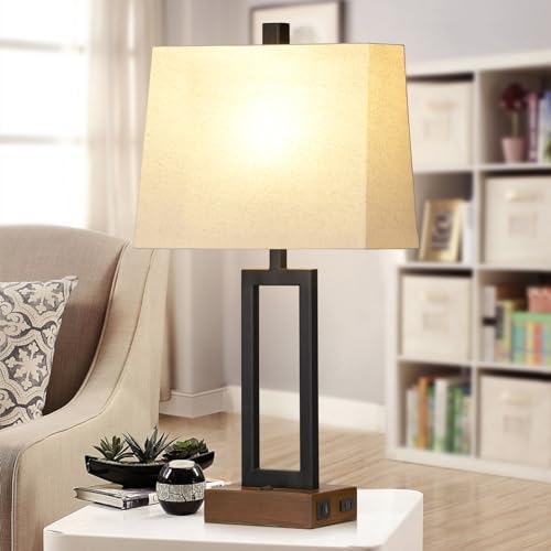 Lolikit Table Lamp for Bedroom Set of 2 with 2 USB Ports and AC Power Outlet, 23.5" Modern Bedside Lamp, Wood Nightstand Lamp with Linen Shade for Living Room Hotel Desk(LED Bulb Included) - Image 7