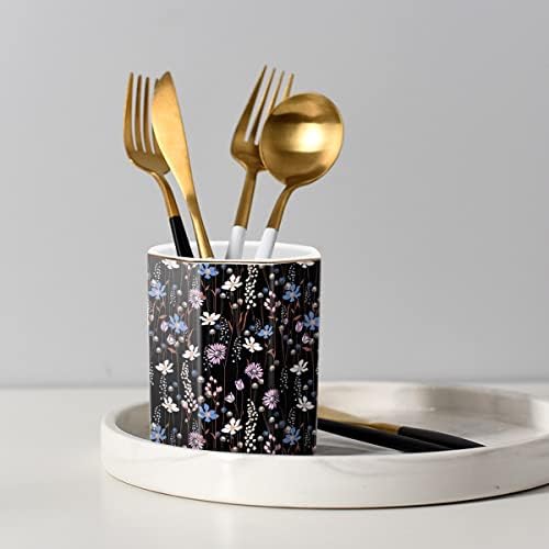 Ceramic Floral Pen Holder for Desk, Cute Large Capacity Colored Pencil Organizer for Office, Makeup Brush Holder for Girl Women, Black Flower - Image 5