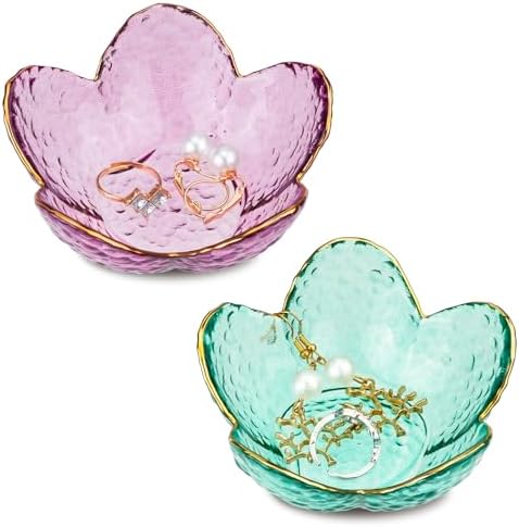 2Pcs Flower Shape Jewelry Tray, Small Glass Jewelry Dish, Room Aesthetic Ring Dish, Engagement Ring Holder for Women, Bathroom Trinket Tray for Rings Earrings Wife Mom Daughter Gift by LIOUCBD
