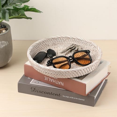 Hipiwe Round Key Basket Bowl for Entryway, 9" Decorative Wicker Rattan Tray - Image 2