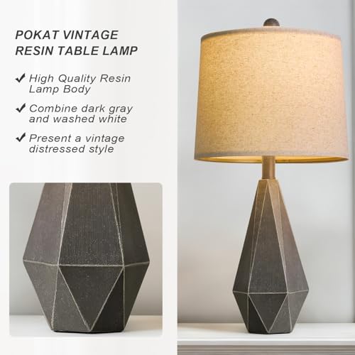 PoKat 23.5'' Farmhouse Table Lamps Set of 2, Rustic Nightstand Lamps for Bedroom, Classic Bedside Lamps for Living Room Office Sideboard with Linen Shade Distressed (Deep Grey) - Image 3