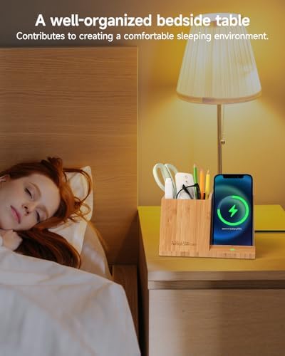 Bamboo Pen Holder for Desk & Nightstand Organizer with Fast Wireless Charging for iPhone, Samsung & More – Office Desk Accessories for Men/Women (Bamboo) - Image 4