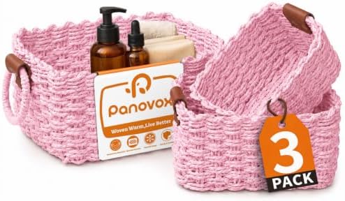Small Wicker Baskets, 3 PCS Paper Rope Baskets for Shelves, Pink by Panovox