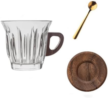 Glass Coffee Cup Set with Wooden Handle and Wooden Saucer, Clear Latte Cappuccino Espresso Mug, Heat Resistant Drinkware Gift for Home Office Café Use by Unknown