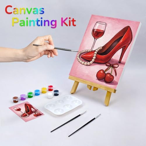 VOCHIC Pre Drawn Canvas Painting Kit for Adults for Painting Party Kit Paint and Sip Party Supplies 8 Colors,3 Brush,1 Pallet Art Set Girl High Heel Glass Necklace 8x10 in - Image 2