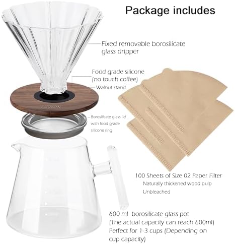 Lalord Pour Over Coffee Maker, 20 oz Borosilicate Glass Set with 100 pcs Paper Filter, Walnut Collar & Glass Lid, Drip Coffee Maker, 1-3 Cups, Clear, 600 ml, Petal Shape - Image 4