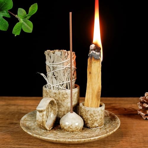 5 in 1 Ceramic Tabletop Incense Burner Holder for Palo Santo, Sage, Cones by MOUGIGI