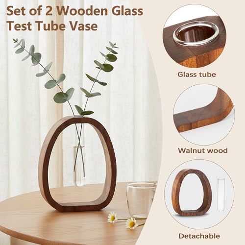 Houmury Walnut Wood Propagation Station Set of 2 Hydroponic Glass Test Tube Vases 7.5” & 5.8” for Plants Cuttings Modern Farmhouse Table Centerpieces for Home Office Desk Decor - Image 6