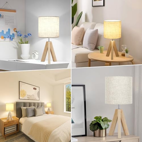 Small Table Lamp, Wooden Tripod Nightstand Lamp with Linen Fabric Shade, Cute Boho Modern Bedside Nightstand Lamp for Bedroom, Living Room, Nursery, Kids Room, Office, Dorm, Bulb Not Included - Image 5