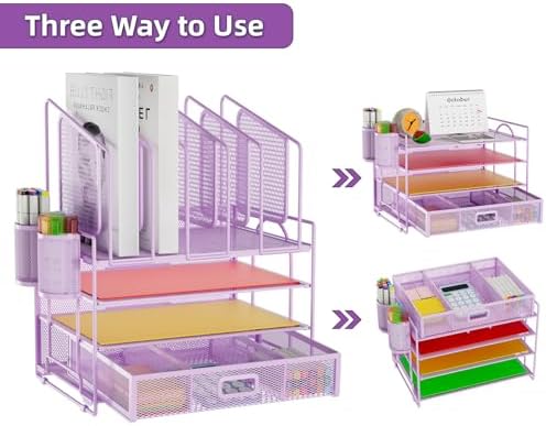 Marbrasse Desk Organizers, 4-Tier Mesh Desk File Organizer with 5 Vertical File Holders and 2 Pen Holders, Multifunction Desktop Organizer,Desk Organizers and Accessories for Home Office (Purple) - Image 4