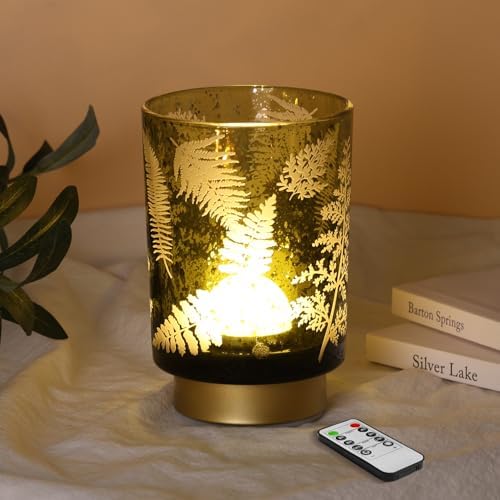Eywamage Battery Operated Glass Table Lamp, Boho Green Ferns Leaves Mood Light with Remote, Cordless Bedside Accent Lamp Room Decor by EywamageCandles