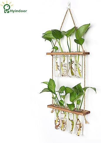 Hyindoor Wall Hanging Planter Terrarium 2 Tired Test Tube Vase Glass Planter Plant Propagation Station Plant Hangers of Rope with Wooden Stand and 8 Tubes for Hydroponic Plant Cutting - Image 2