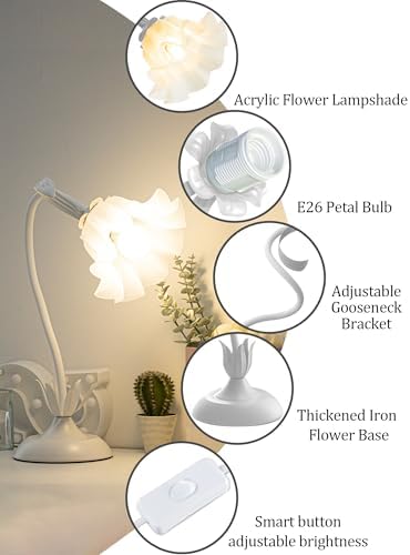 Flower Table Lamp,LED Reading Light Bedside Vintage Night Light(White) - Image 4
