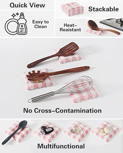 Ceramic Spoon Rest, Pink Gingham Spoon Holder for Stove Top Kitchen Counter Coffee Station, Cute Kitchen Decor - Image 3