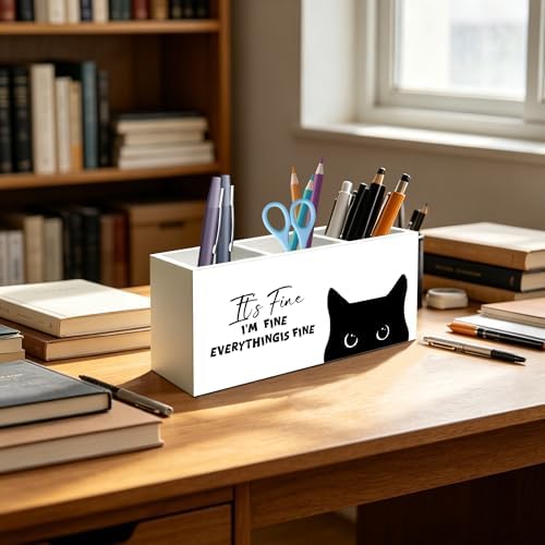 Funny Sarcastic Black Cat Pen Pencil Holder Organizer for Office Desk Accessories, Funny Office Gifts for Coworkers, It's Fine I'm Fine Everything Is Fine Wood Signs for Desk Tabletop Decor - Image 4