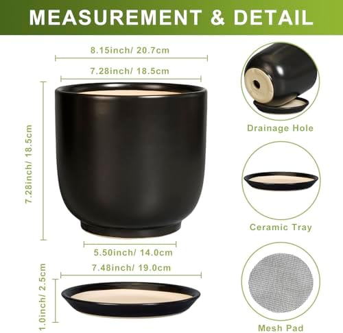 Ceramic Flower Pot 8 Inch - Modern Round Planter for Indoor Outdoor Plants with Drainage Hole and Saucer, Home House Room Office Patio Decor, Black - Image 3