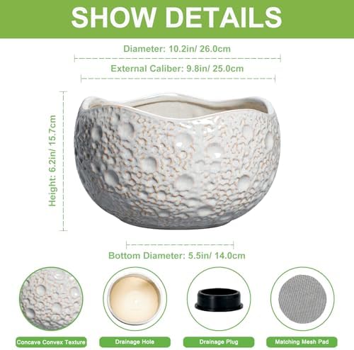 10 Inch Planter, Ceramic Pots for Plants with Drainage Hole, Grey - Image 2