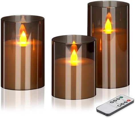 wemarry Flameless Candles 4" 5" 6" Acrylic Glass Pillars 3" Diameter Battery Operated Flickering Candles Include 8-Key Remote with Timer Function 400+ Hours (Gray, Warm Light 3 Pack) by wemarry