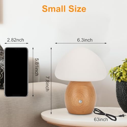 Mushroom Lamp with Touch Control Switch, Small Wooden Table Lamp with Glass Shade, 3 Way Dimmable Nightstand Lamp for Bedroom, G9 LED Bulb Included (Nature Wood&Opal White Glass Shade) - Image 5