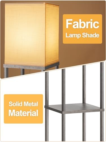 Floor Lamp with Shelves for Living Room Oak Gray, Shelf Floor Lamp with 3 CCT LED Bulb, Corner Display Standing Column Lamp Etagere Organizer Tower Nightstand with White Linen Shade for Bedroom Office - Image 2
