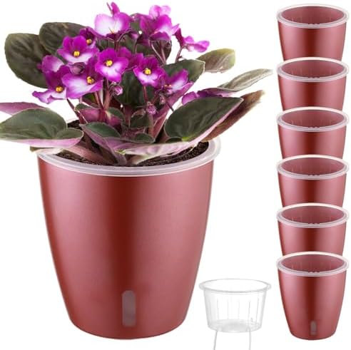 Self Watering Pots for Indoor Plants, 6-Pack 5'' Self Watering Planter with Drainage Holes, Small African Violet Pots with Water Indicator, Clear Wick Orchid Pot, Rose Gold by KvyusFlourish