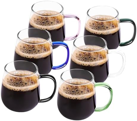 glass coffee mugs set of 6, clear coffee mug，Multi-coloured handles for easy differentiation ，borosilicate coffee glasses with handle16 oz ，Can be used as a gift… by MAQQL