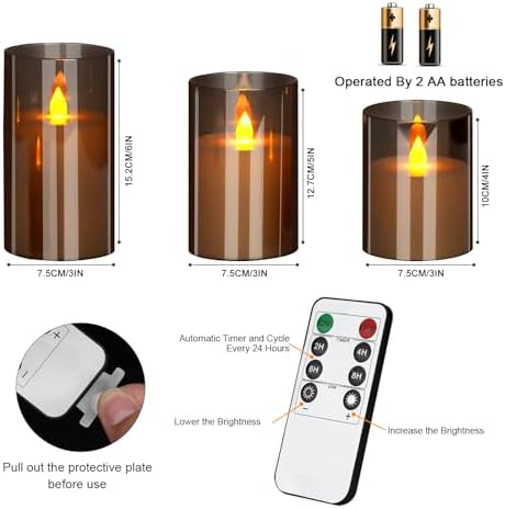 Flameless Candles 4" 5" 6" Acrylic Glass Pillars 3" Diameter Battery Operated Flickering Candles Include Remote with 24Hour Timer Function 400+ Hours by 2 AA Batteries (Gray, Warm Light 6 Pack) - Image 6