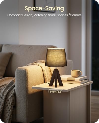 Small Table Lamp for Bedroom, 14.6" Bedside Lamp with Black Linen Shade & Walnut Wood Tripod Base, Modern Nightstand Lamp, Blak Lamp for Living Room, Nursery, Entryway, E26 Socket, VB51TL05 - Image 2