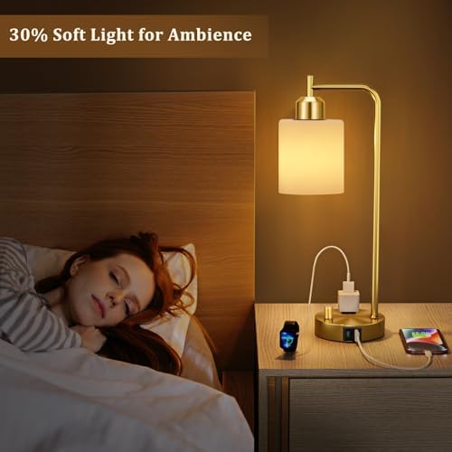 Innqoo Gold Lamp for Bedroom - Industrial Bedside Table Lamp with USB Port and Outlet, Fully Dimmable Nightstand Lamp with Opal Glass Shade, Small Desk Lamps for Home Office - Image 6