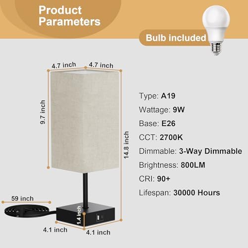 Touch Bedside Table Lamp for Bedroom, 14-Inch, Beige, Set of 2 - Image 5