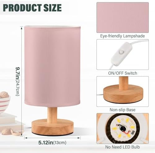 DOMIKING Light Pink Print Bedside Table Lamp for Bedroom Small Lamps for Nightstand Lamp with Non-Slip Base Reading Desk Lamp for Living Room Dorm Office Kids Room - Image 3