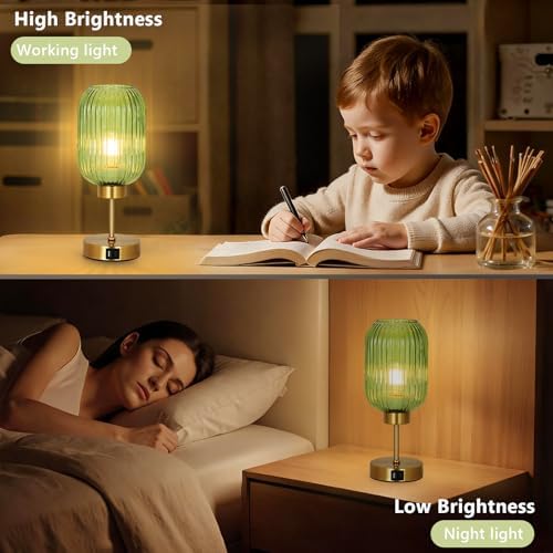 LAMSU Vintage Table Lamp for Bedroom with Bulb, Small Green Glass Beside Lamp with USB Ports, 3 Way Dimmable Gold Desk Lamp, Mid Century Modern Nightstand Lamp for Living Room, Office, Home Decor - Image 3