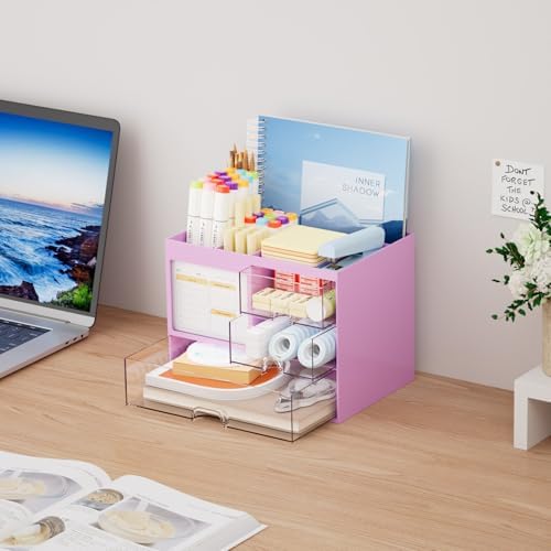 Marbrasse Desk Organizer with 3 Drawer, Multi-Functional Pencil Pen Holder, Desk Organizers and Accessories with 4 Compartments,Desktop Organizer Storage for Office Home Art Supplies (Purple) - Image 4