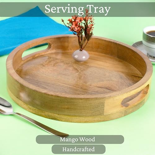 CLEENTABLE Round Wood Serving Tray, 12 in, Natural - Image 2
