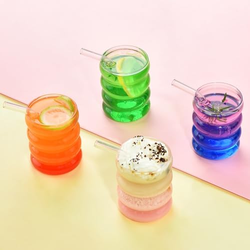 ALINK 16 oz Drinking Glasses with Lids and Straws Set of 4, 16 oz Wave Shape Bubble Glass Cups, Iced Coffee Glasses for Beer, Cocktail, Water Cups with Brush - Image 4