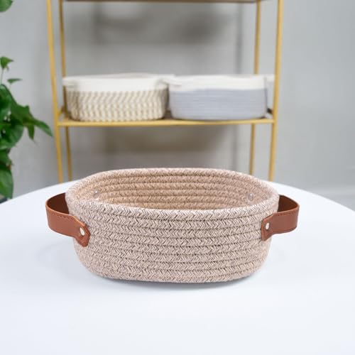 ABenkle Small Woven Basket, Mini Cotton Rope Storage Basket, Tiny Easter Basket, Shelf Basket, Oval Decorative Toy Dog Cat Basket for Nursery, Empty Gift Basket, 9.4" x 5.9" x 3.9" XS - Image 6