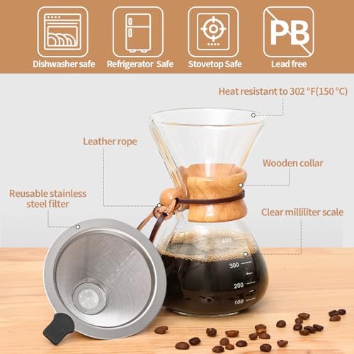 Pour Over Coffee Maker 14 OZ, 4 Cup Borosilicate Glass Drip Coffee Maker with Reusable Stainless Steel Filter and Cork Grip for Home Café 400 ML - Image 5