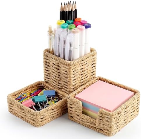 Khaki Paper Rope Woven Desk Organizer Set of 3 Natural Desktop Accessories Pencil Pen Cup Paper Clip Storage and Sticky Note Holder for Women Men Farmhouse Office Home Desktop Table Decor by Singhoow
