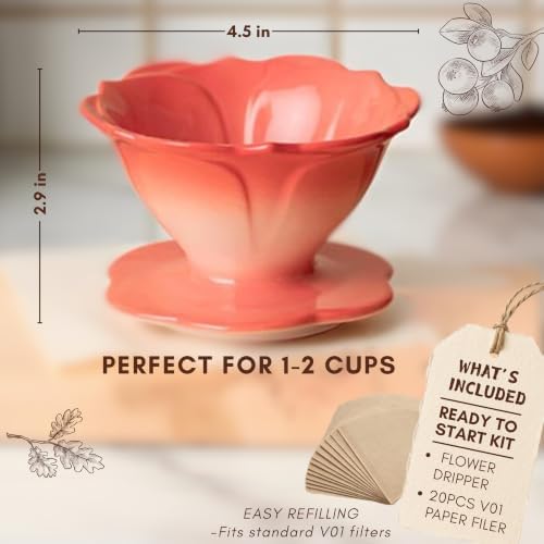 Ceramic Pour Over Coffee Dripper Flower Shape V01 with 20 Filters - Image 2