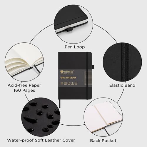 &And Per Se Graph Notebook, 5mm Grid, A5 Hardcover, 160 Pages 100gsm Thick Paper, Grid Journal for Diagrams, Wireframes, CAD Sketches (Black) - Image 3